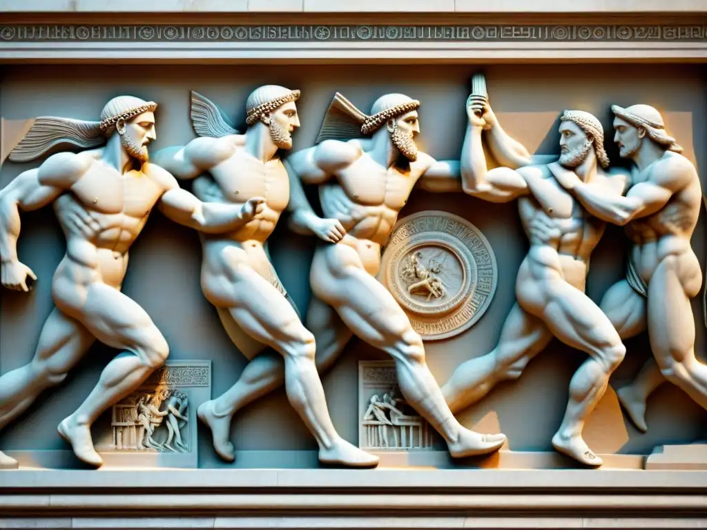 Escultura de mármol detallada: Atletas griegos en competencias olímpicas Escultura detallada de mármol de atletas griegos compitiendo en los antiguos Juegos Olímpicos