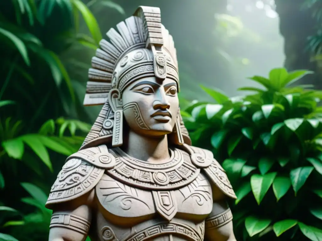 Escultura maya de guerrero rodeado de selva, con influencia en juegos antiguos y realidad virtual