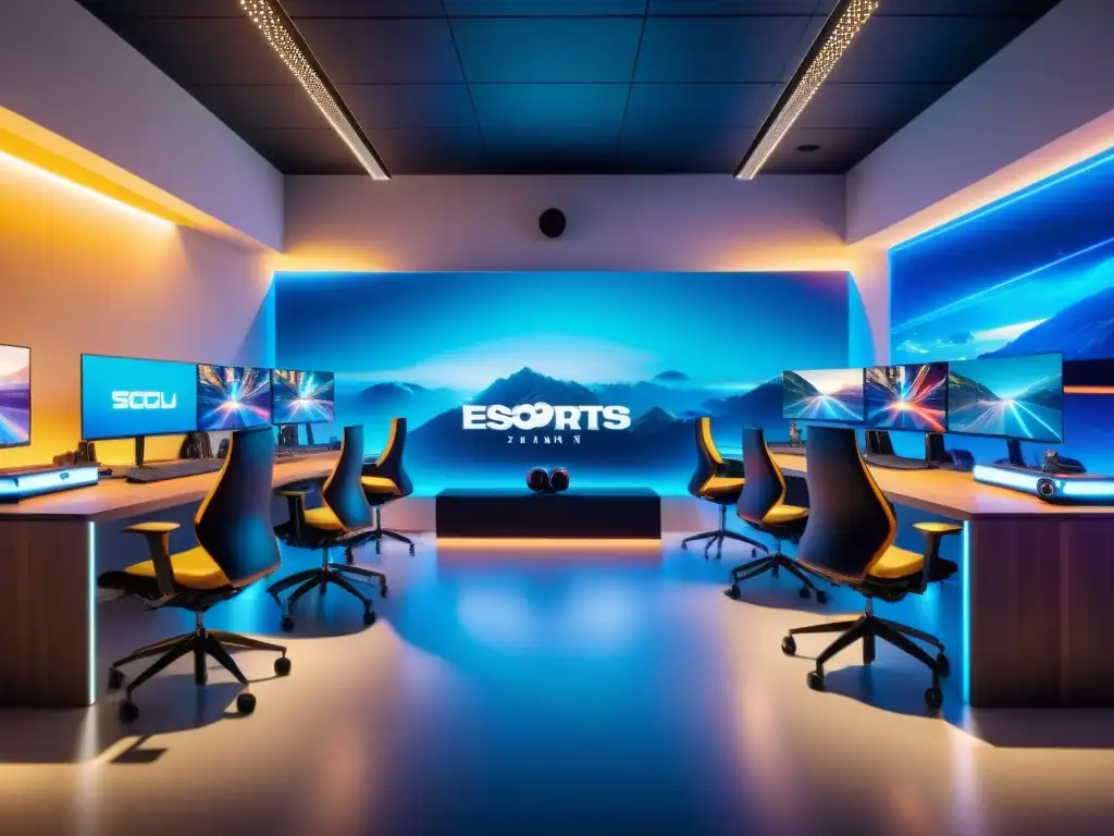 Un espacio futurista para entrenamiento de eSports con tecnología avanzada y jugadores profesionales mejorando sus habilidades