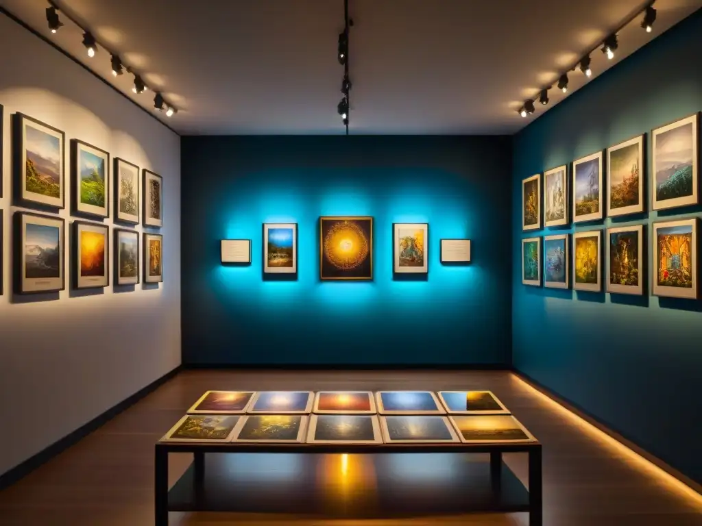 Espacio galería iluminado tenue, con arte inspirado en tarot, creando ambiente místico