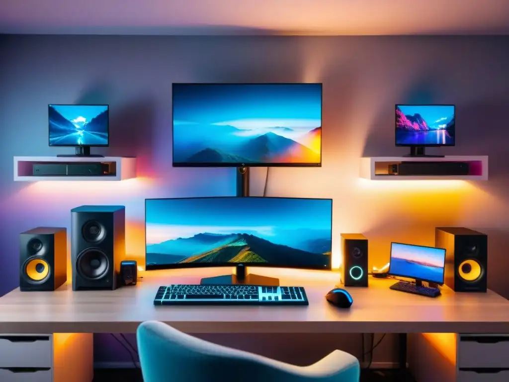 Un espacio de streaming de alta gama con hardware adecuado para streaming, monitores múltiples y ambiente acogedor