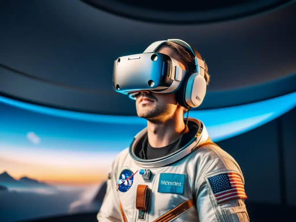 Explorador espacial tocando la Tierra: inmersión total en realidad virtual Explorando el espacio virtual, un astronauta toca la Tierra digital