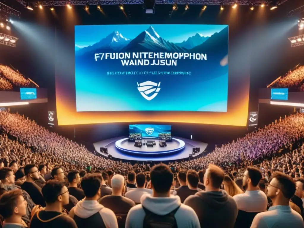 Espectacular arena de eSports con aficionados emocionados de todo el mundo, fusionando cultura y tecnología