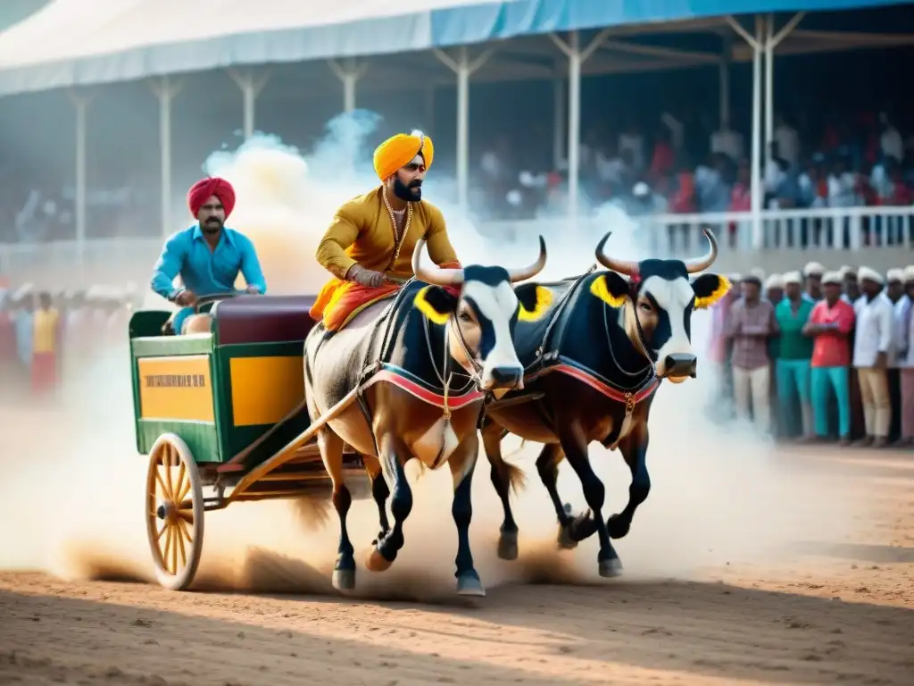 Espectacular carrera de carros en el vibrante Festival de Deportes de Kila Raipur, con participantes coloridos y bulliciosa multitud animando