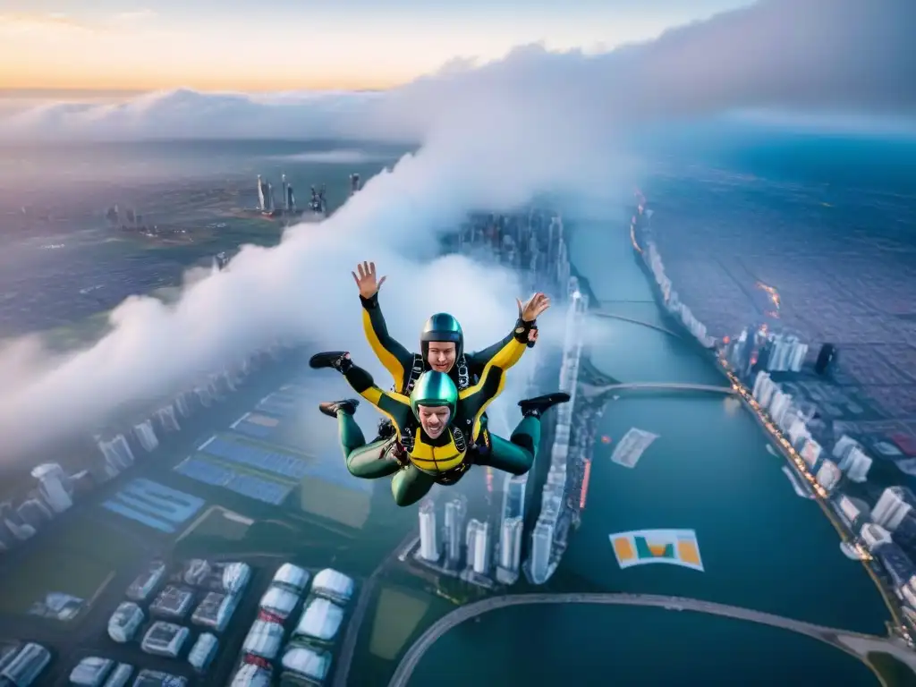 Espectacular competencia de paracaidismo en una ciudad sostenible, fusionando deportes extremos y tecnología