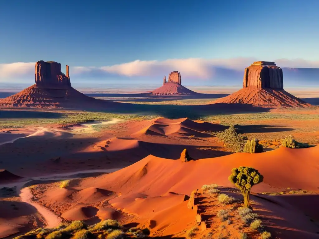 Espectacular vista aérea de Monument Valley al amanecer, con formaciones de arena roja y árboles dispersos