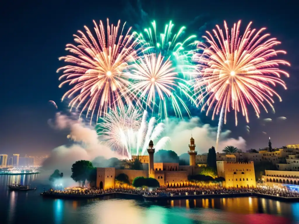 Espectáculo de fuegos artificiales en Oriente Medio iluminando el cielo nocturno sobre un puerto tradicional