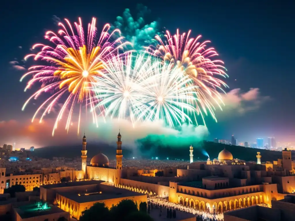 Espectáculo de fuegos artificiales en Oriente Medio, iluminando la vibrante noche sobre una ciudad bulliciosa