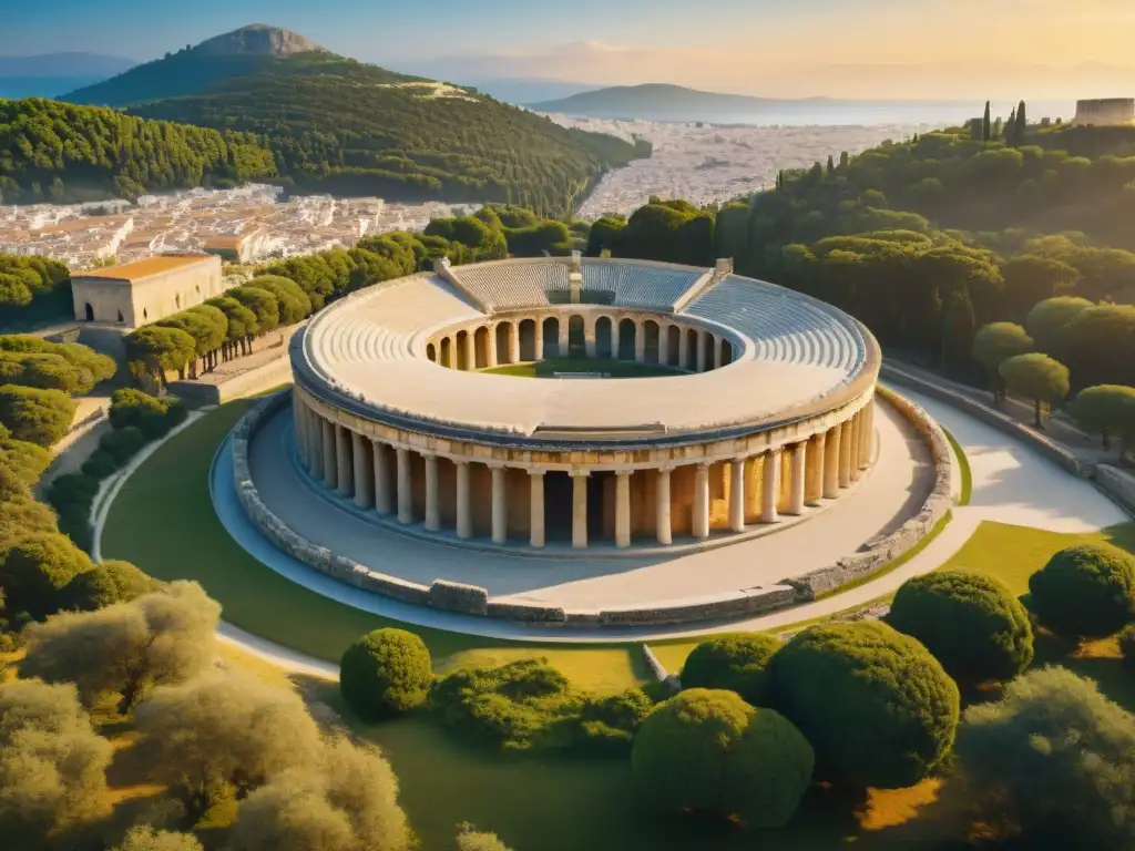 Esplendor del Estadio antiguo griego en Olympia, con detalles arquitectónicos y paisaje exuberante bajo luz dorada del atardecer