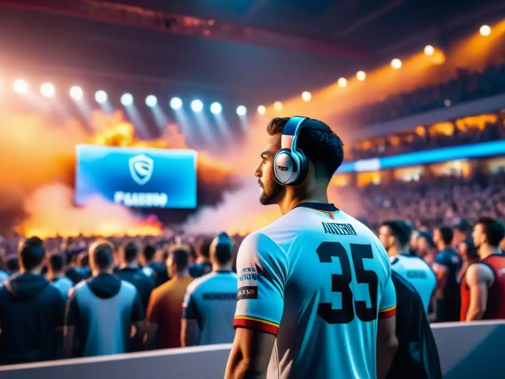 Transformación de los eSports: Arena llena en un campeonato, jugadores concentrados, fans variados animando