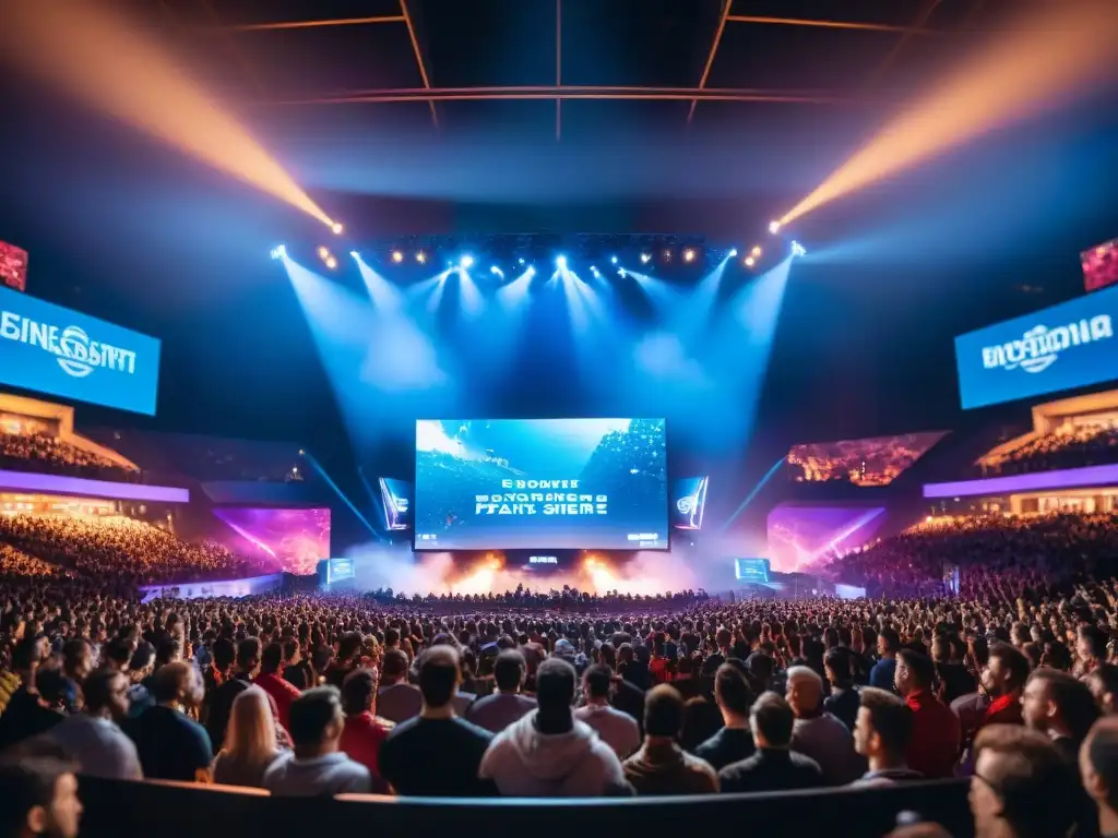 Transformación de los eSports: Arena llena durante campeonato, luces brillantes, jugadores concentrados y público emocionado