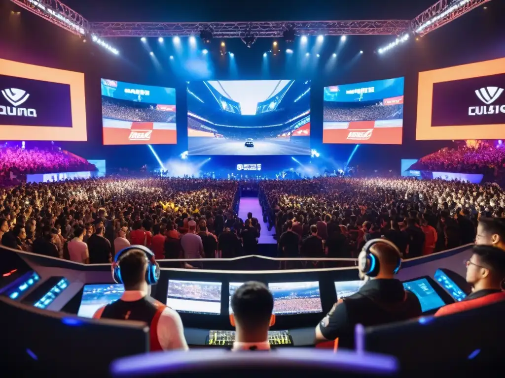 Transformación de los esports en un estadio lleno de emoción y concentración durante un campeonato, con jugadores en acción y público diverso animando