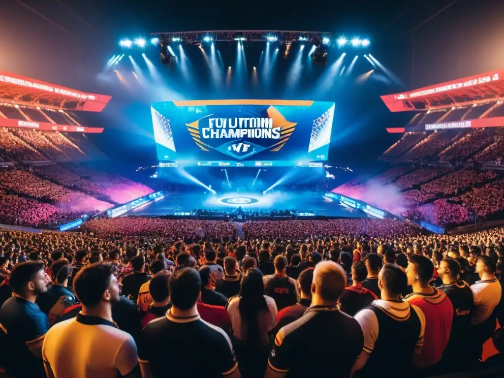 La evolución de los eSports: estadio lleno de fans entusiastas viendo un emocionante campeonato de videojuegos