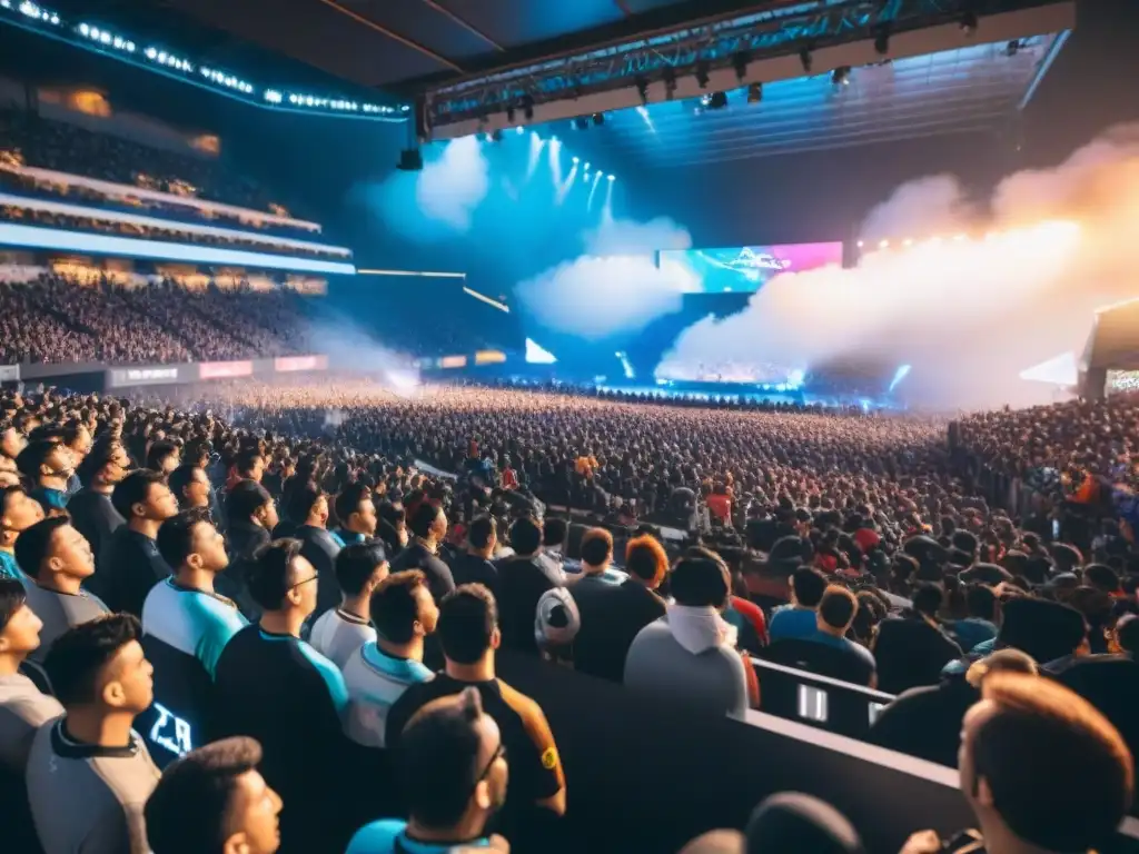 Transformación de los eSports: Estadio repleto de fans entusiastas viendo a gamers profesionales competir en un emocionante campeonato
