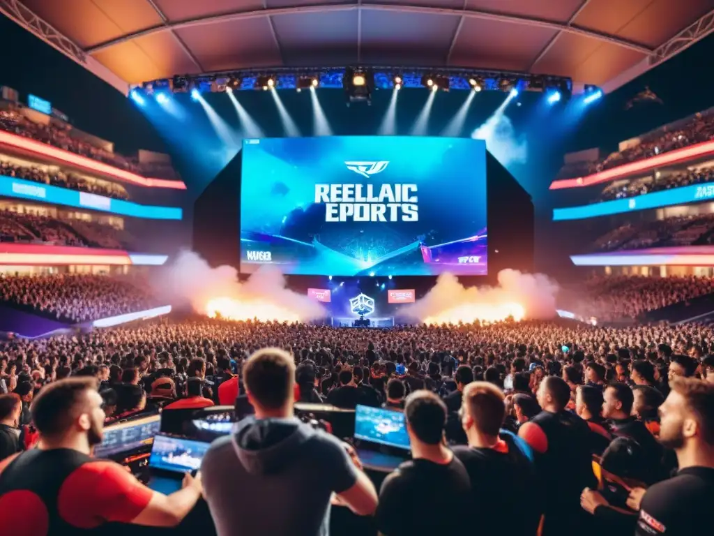 Transformación de los eSports: Jugadores concentrados compitiendo en un emocionante torneo, con multitud vibrante de fondo