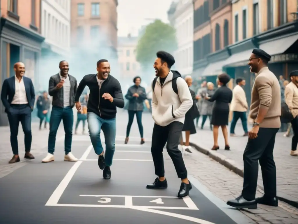 Juegos de calle: diversión y comunidad intergeneracional Una esquina de ciudad bulliciosa en blanco y negro con personas de diversas edades y etnias jugando juegos callejeros tradicionales