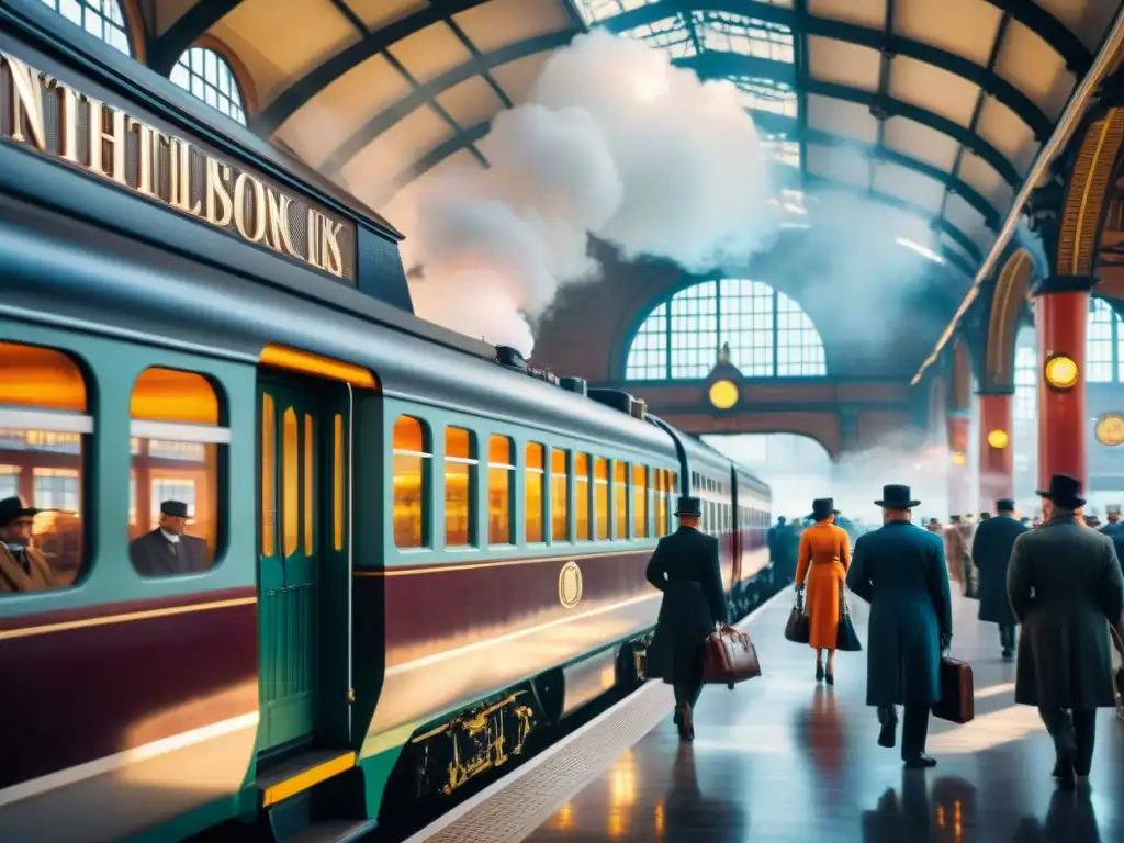 Una estación de tren histórica llena de pasajeros de diferentes épocas, reflejando la evolución del viaje en tren