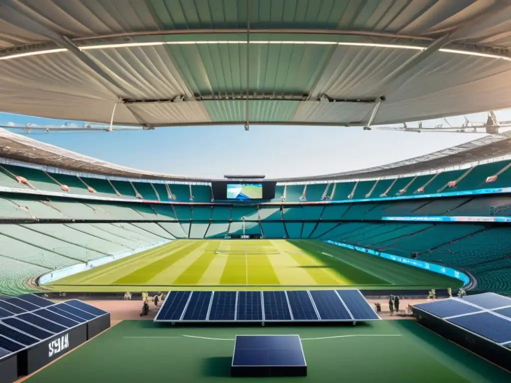 Un estadio abarrotado durante un evento deportivo importante, resaltando las innovaciones deportivas para reducir la huella de carbono