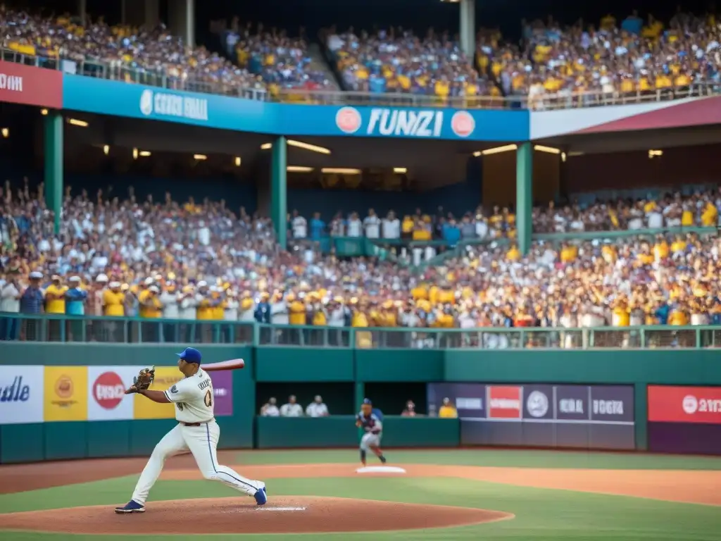 Un estadio de béisbol repleto en Latinoamérica durante un juego crucial, con fanáticos apasionados y colores vibrantes