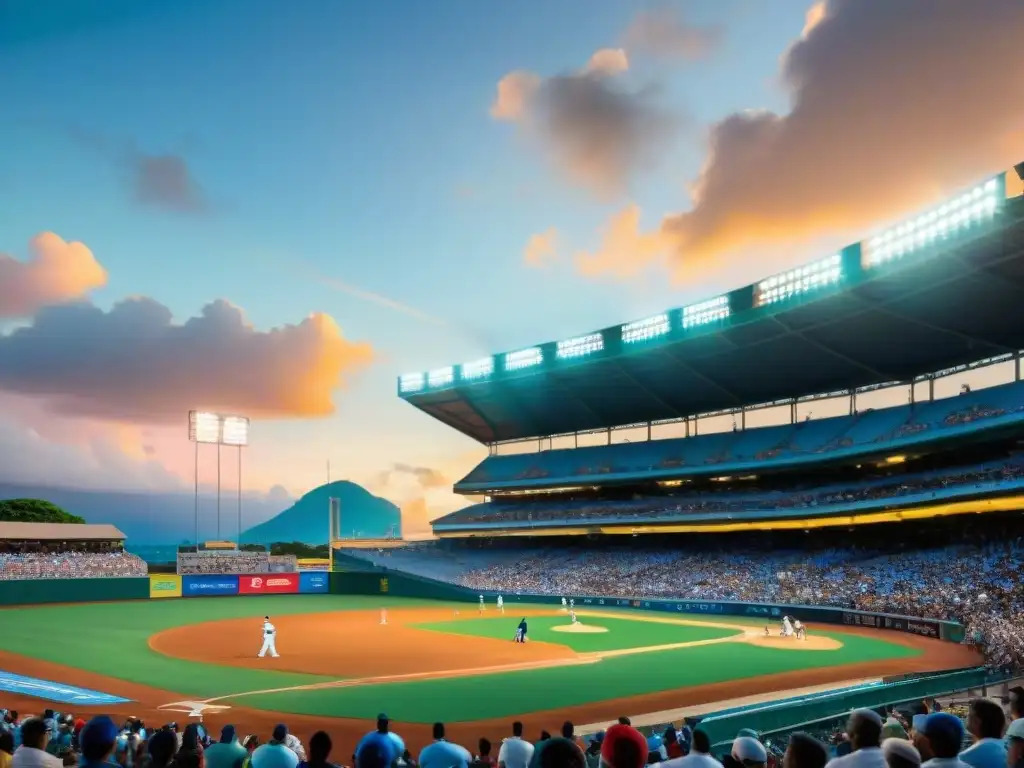 Un estadio de béisbol vibrante en el Caribe al atardecer, fans apasionados y juego intenso