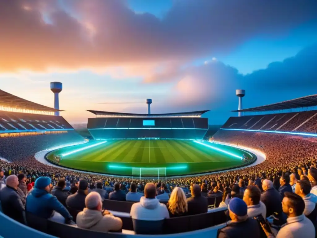 Un estadio bullicioso con competencias deportivas sostenibles energías renovables al atardecer