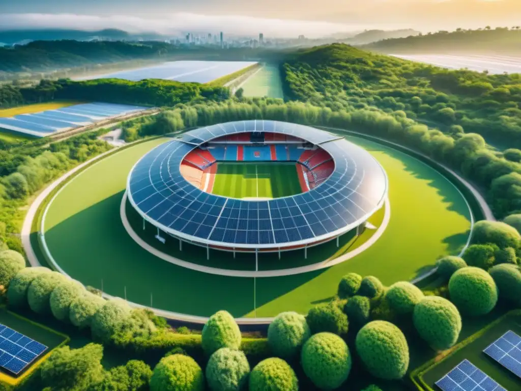 Estadio deportivo rodeado de vegetación y paneles solares bajo el sol, fusionando deportes y sostenibilidad