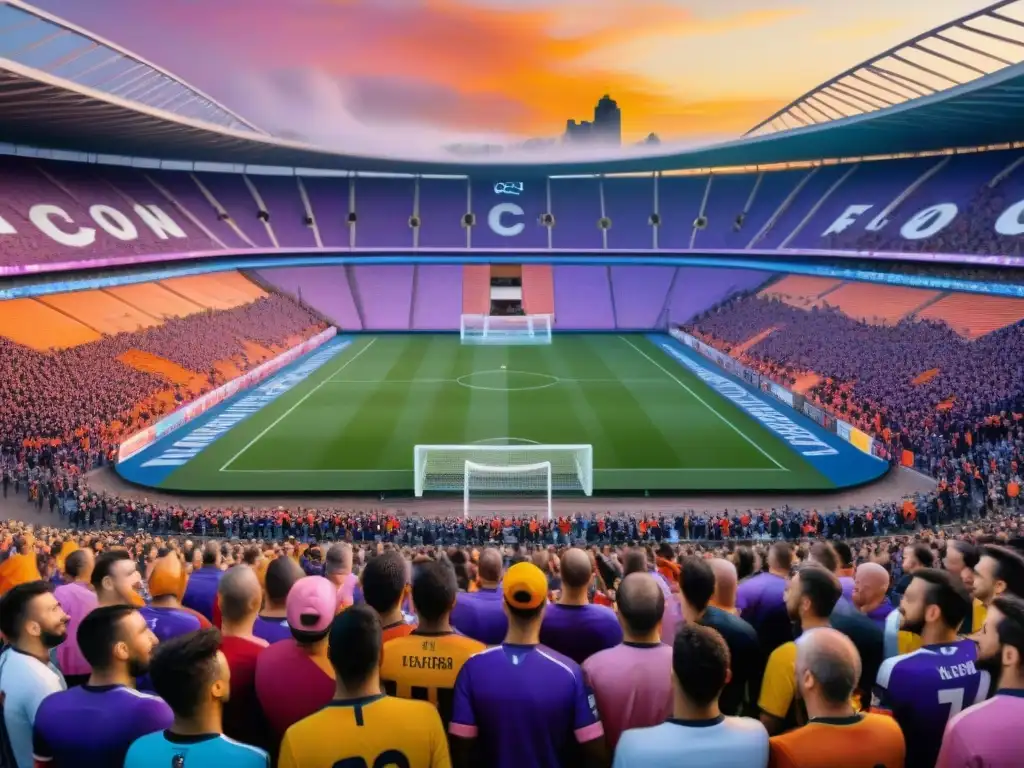 Un estadio de fútbol vibrante repleto de fans con camisetas de movimientos artísticos, fusionando fútbol y pintura historia evolución