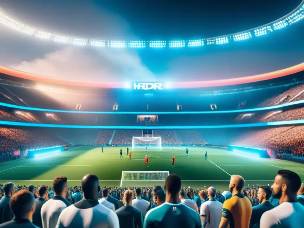 Un estadio futurista con robots jugando fútbol, iluminado por luces neón, cautivando a una audiencia diversa