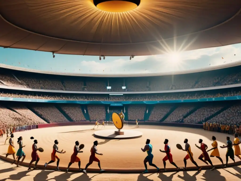 Un estadio grandioso donde atletas compiten en juegos antiguos durante el equinoccio, reflejando la importancia de esta celebración histórica