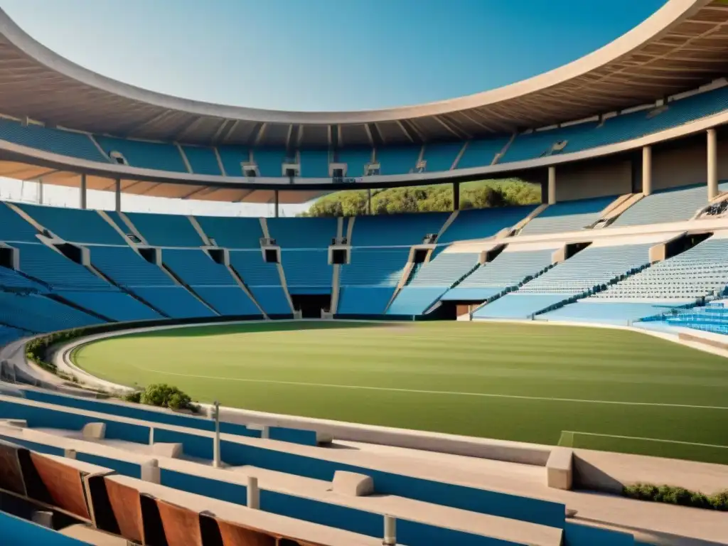 Estadio griego antiguo vacío, detalle arquitectónico, naturaleza exuberante y cielo azul