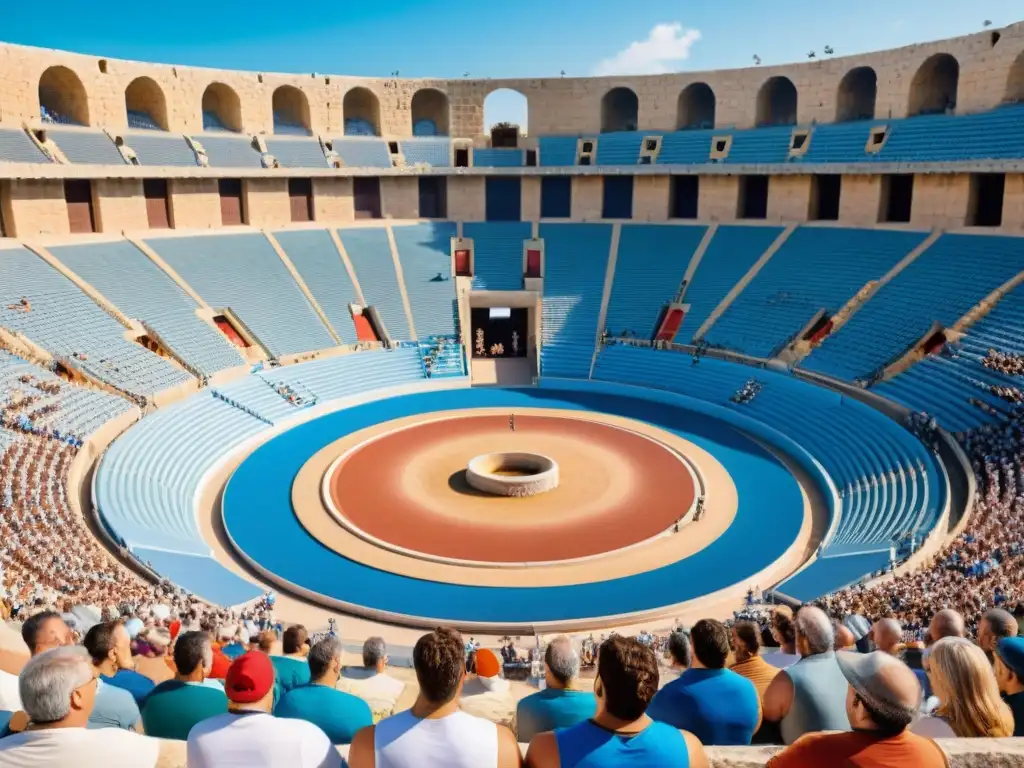 Estadio griego antiguo con atletas compitiendo en juegos tradicionales rodeados de espectadores