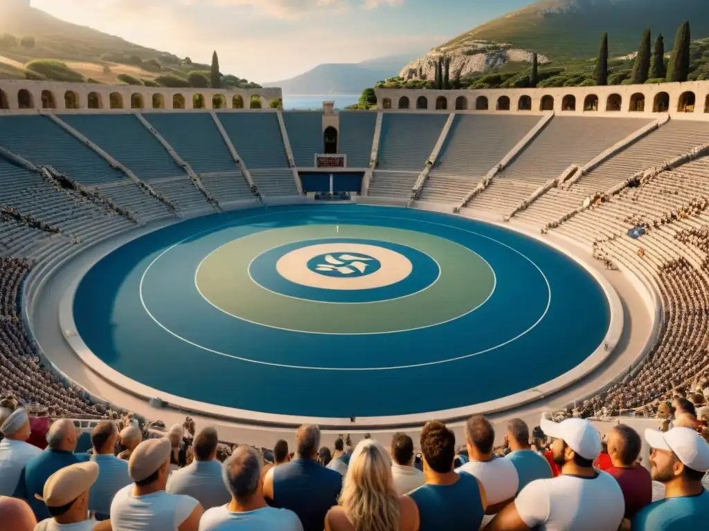 Un estadio griego antiguo lleno de espectadores vitoreando, atletas compitiendo en varios deportes y coronas de laurel esperando a los victoriosos