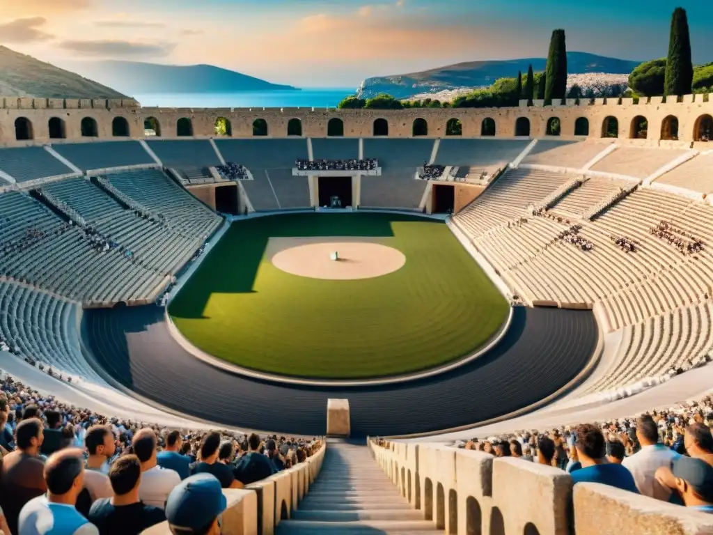 Un estadio griego antiguo en plenos Juegos Olímpicos, con atletas compitiendo y espectadores emocionados