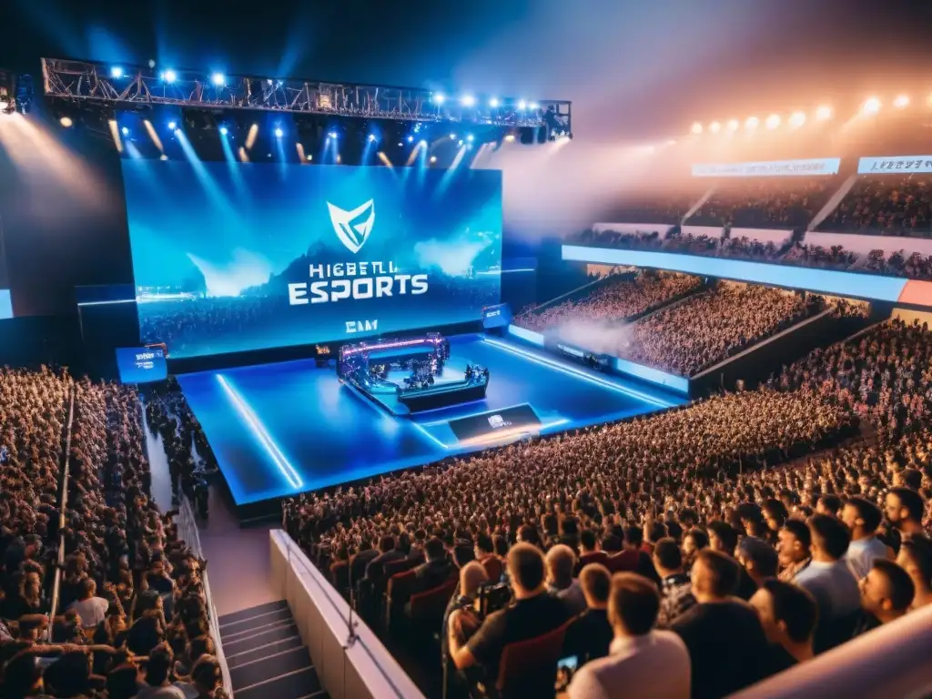 Un estadio lleno en un campeonato de eSports, con equipos compitiendo y fans entusiastas