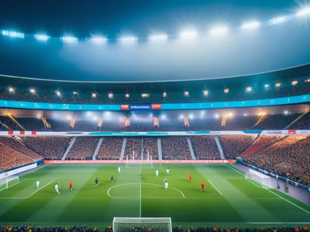 Un estadio lleno de diversidad, con fans animados y jugadores en un intenso partido, reflejando el impacto social de la IA en juegos deportivos