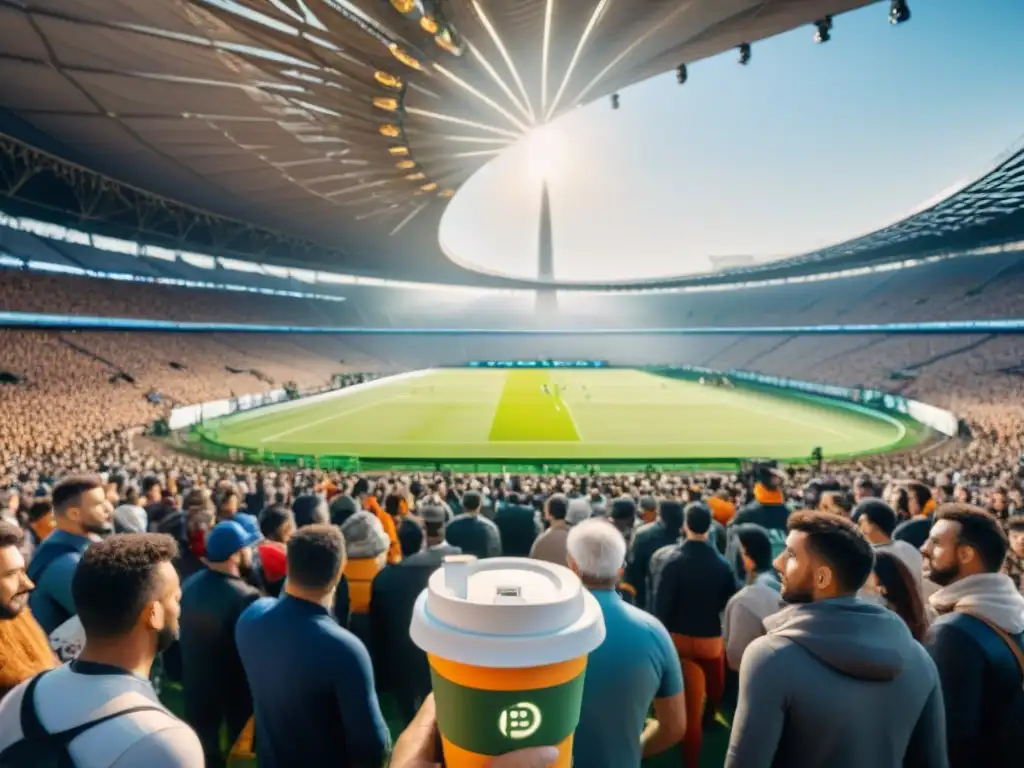 Estadio lleno de espectadores con mercancía ecológica, usando vasos y contenedores reciclables