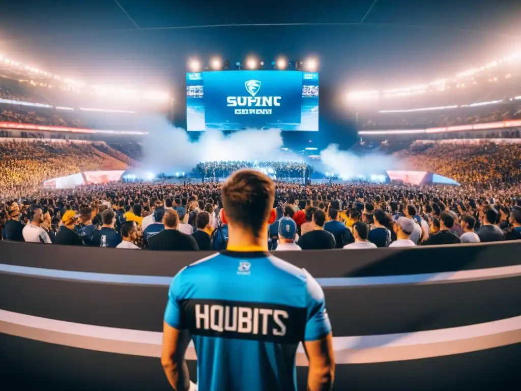 Estadio lleno en evento eSports con fans entusiastas y jugadores profesionales en acción