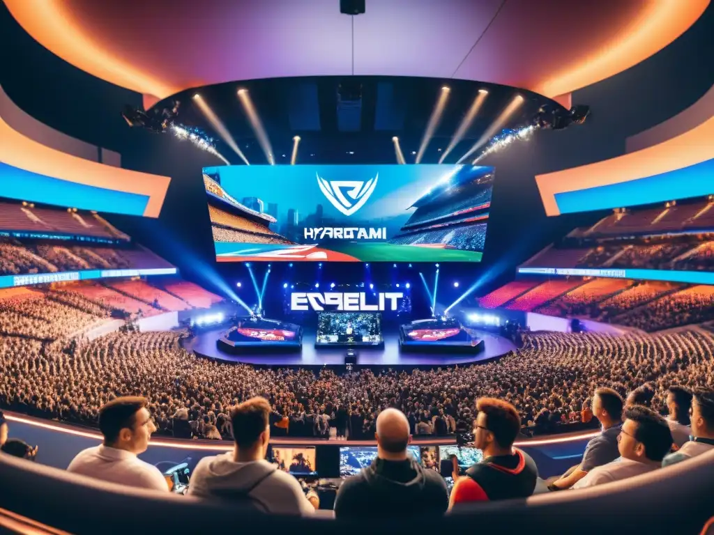 Estadio lleno en evento de eSports histórico, con pantalla LED y fanáticos apasionados