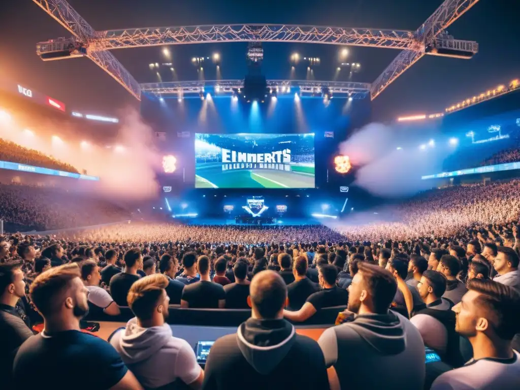 Estadio lleno de fans apasionados en evento de eSports, con jugadores y pantalla gigante