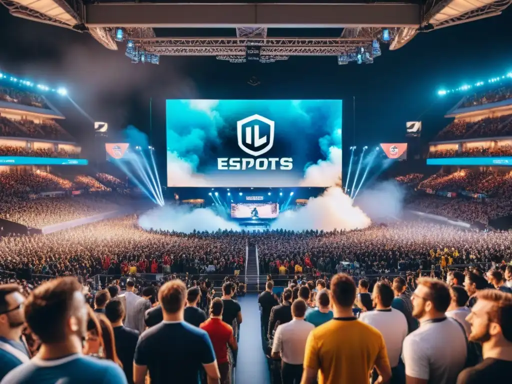 Estadio lleno de fans entusiastas viendo competencia de eSports