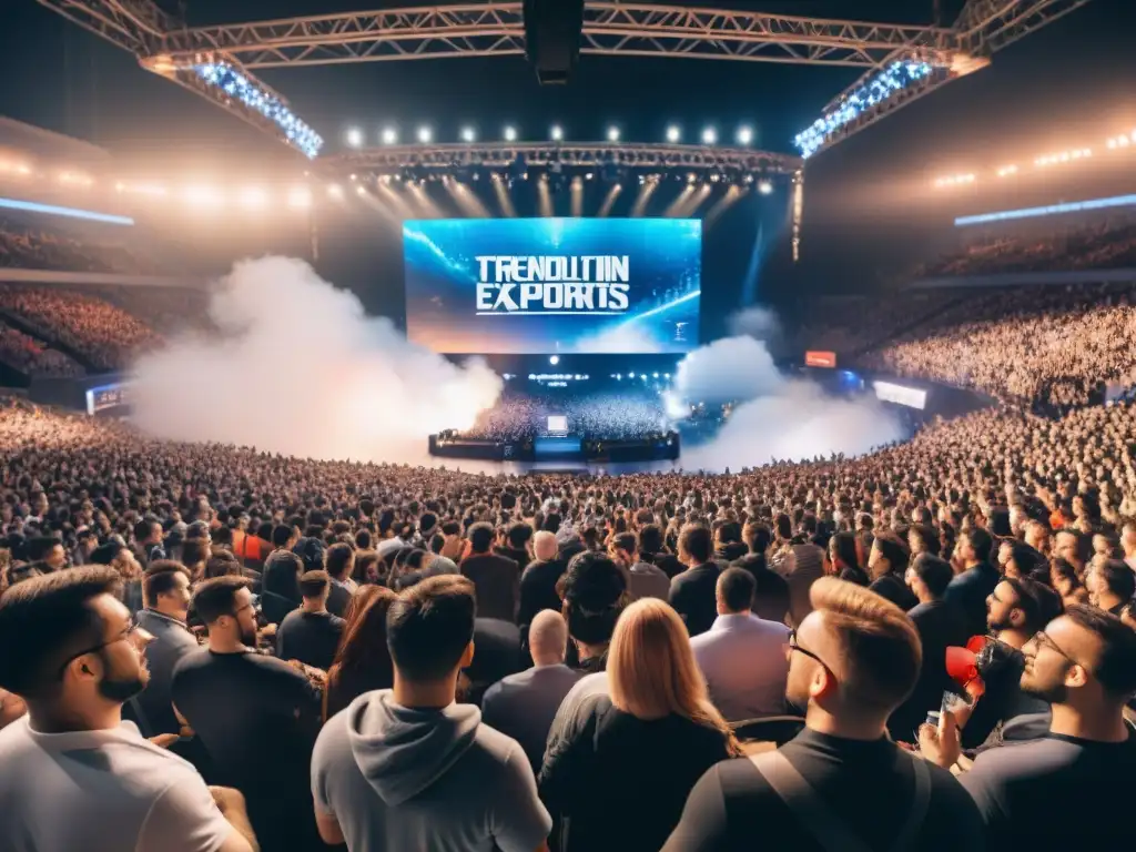 Estadio lleno de fans entusiastas apoyando equipos eSports, ambiente eléctrico y emocional