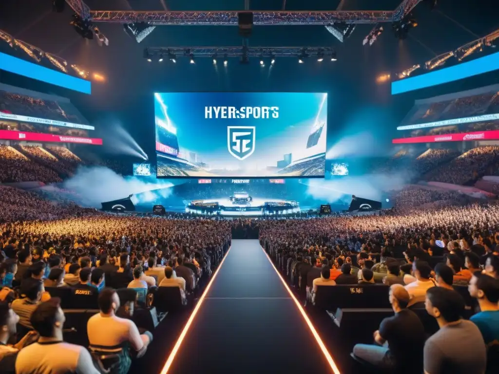 Estadio lleno de fans entusiastas viendo esports, jugadores profesionales compitiendo en emocionante escenario