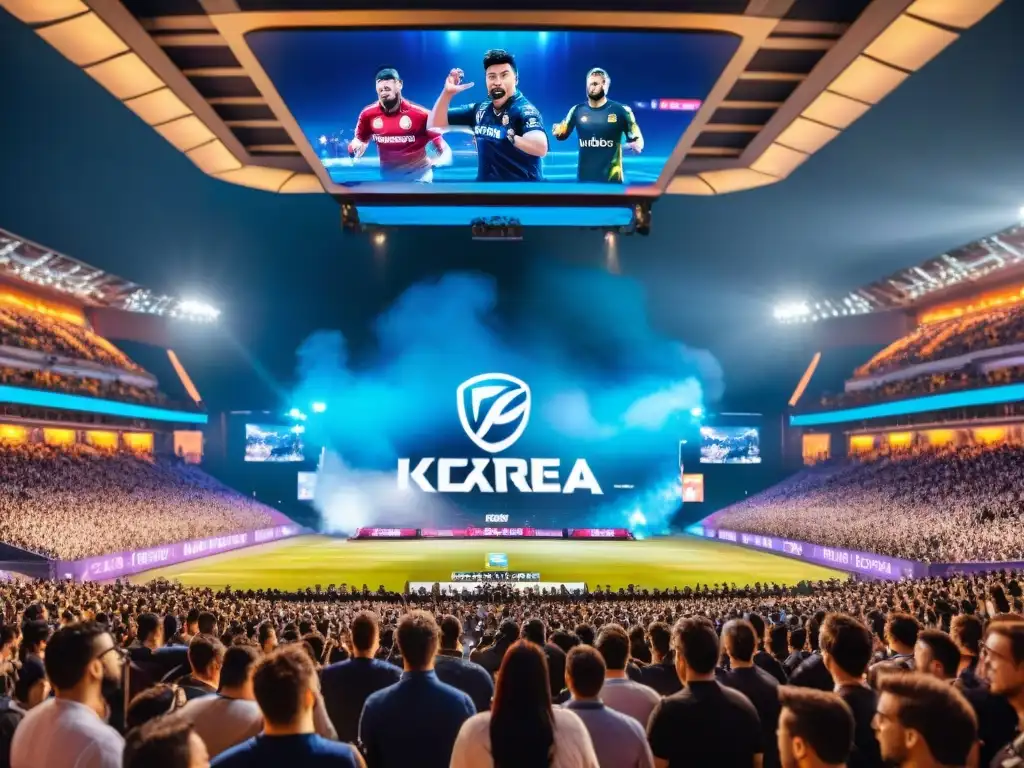 Estadio lleno de fans entusiastas apoyando a equipos de eSports, con banderas vibrantes y equipos de alta tecnología en escena