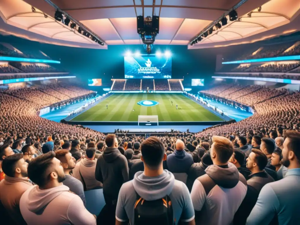 Un estadio lleno de fans entusiastas viendo un emocionante partido de esports