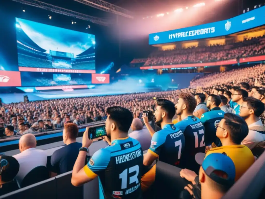Un estadio lleno de fans entusiastas vitoreando a sus equipos de eSports favoritos