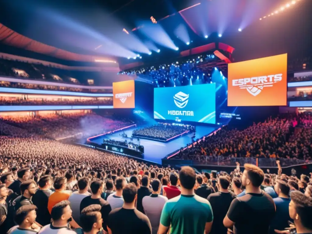 Un estadio lleno de fans entusiastas en un evento de deportes electrónicos, con jugadores concentrados en sus pantallas y una atmósfera vibrante