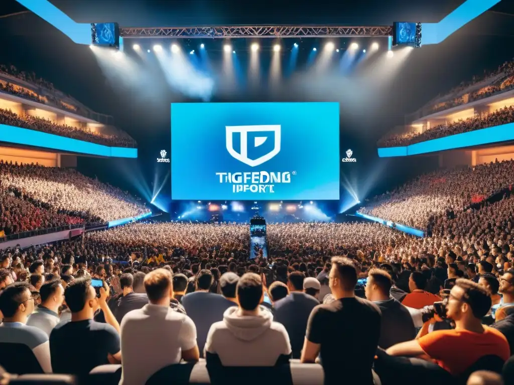 Estadio lleno de fans entusiastas en competencia eSports, creando impacto económico en entretenimiento