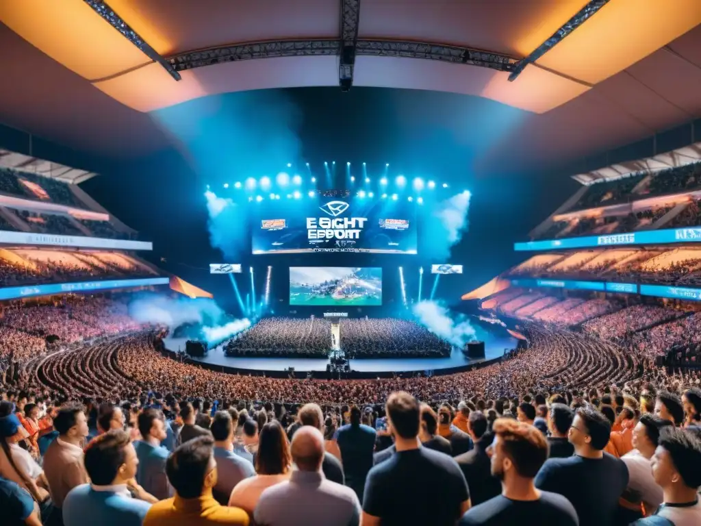 Un estadio lleno de fans entusiastas, jugadores concentrados en sus pantallas y luces brillantes, capturando la emoción de un torneo de eSports