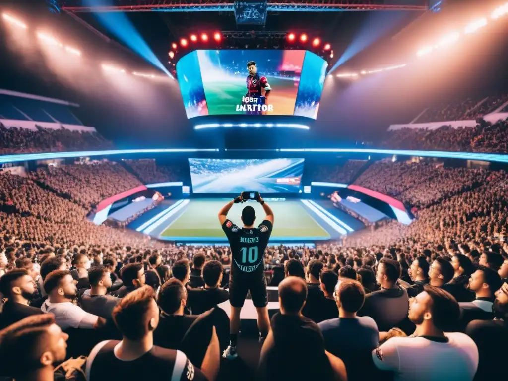 Un estadio lleno de fans entusiastas y jugadores de eSports en la final, reflejando la evolución de los juegos en la cultura deportiva