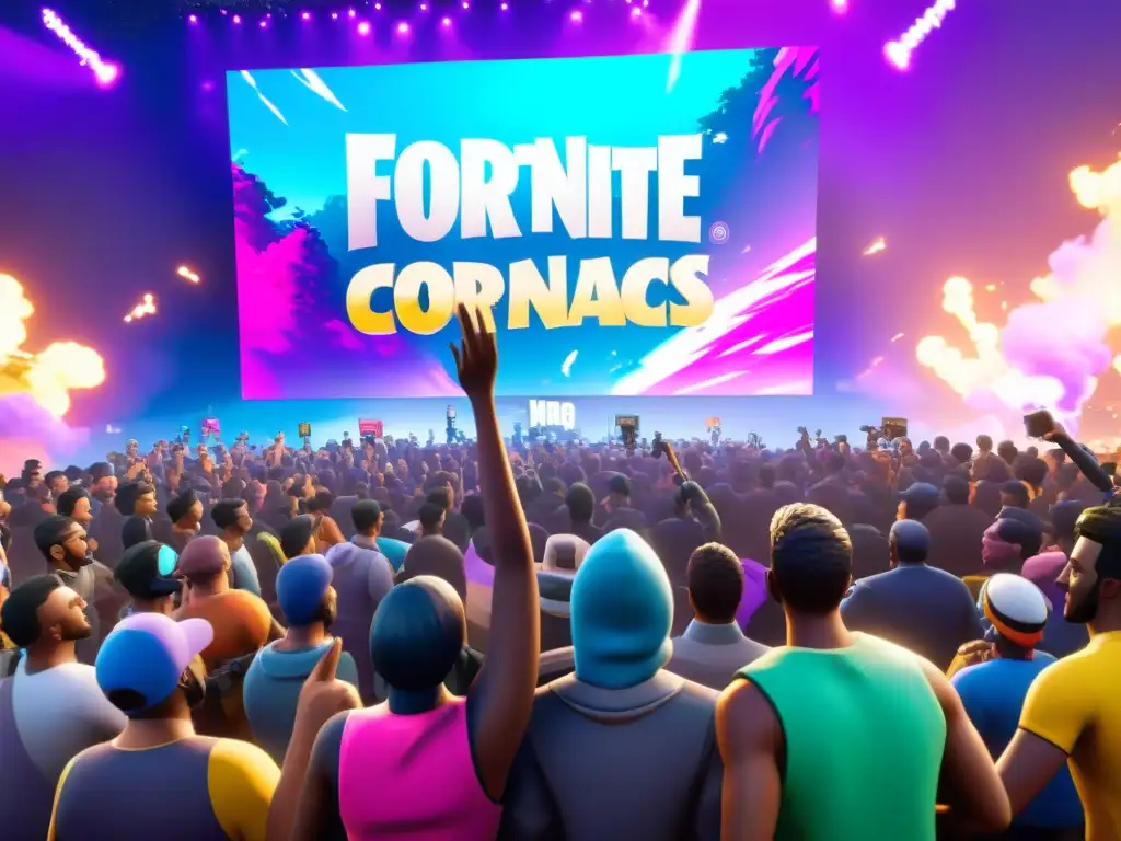 Estadio lleno de fans de Fortnite de todas las culturas y edades, unidos en su amor por el juego